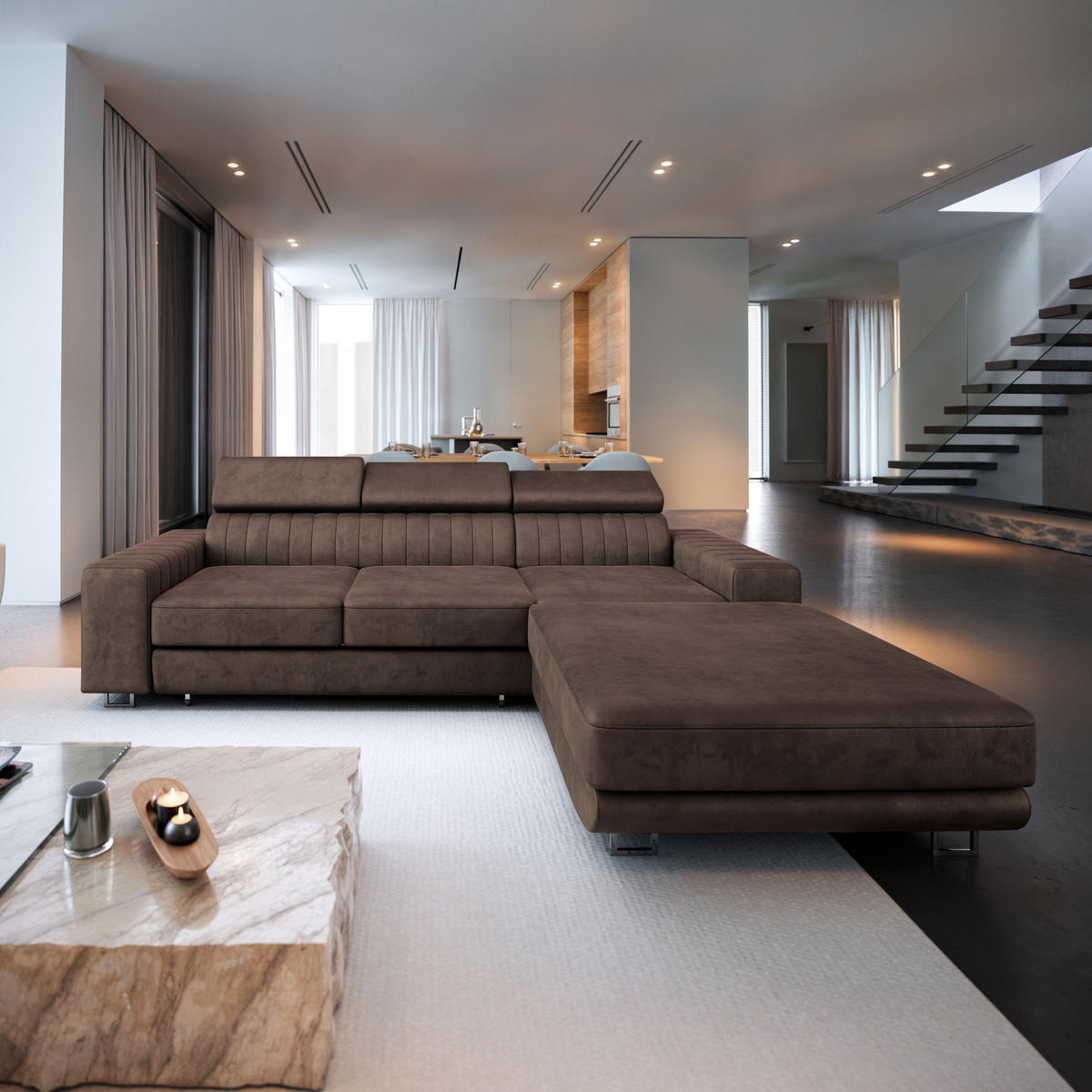 ECKSOFA NOTO L-S Braun Velours-Stoff mit Schlaffunktion - Braun, Holz (267/190cm) - MASSENO