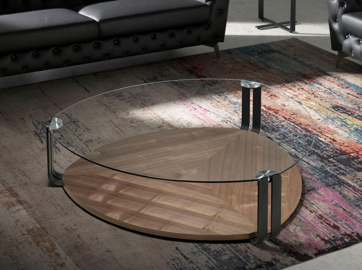 COUCHTISCH Dreieckiger dreieckig gehärtetes Glas, schwarzer Stahl und Nussbaum 135/135/32 cm - Transparent/Nussbaumfarben, Glas/Holz (135/135/32cm) - ANGEL CERDA