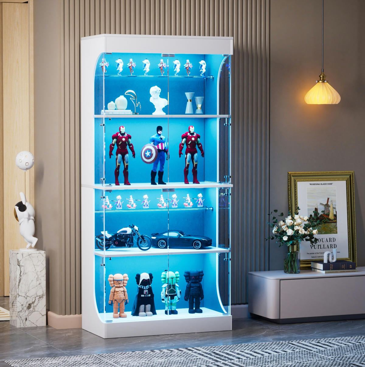 GLASVITRINE aus Glas und Spanplatte 80x35x165 cm Weiß mit LED, Bewegungssensor und USB-C - Weiß, Holzwerkstoff (80/165/35cm) - IVMEU