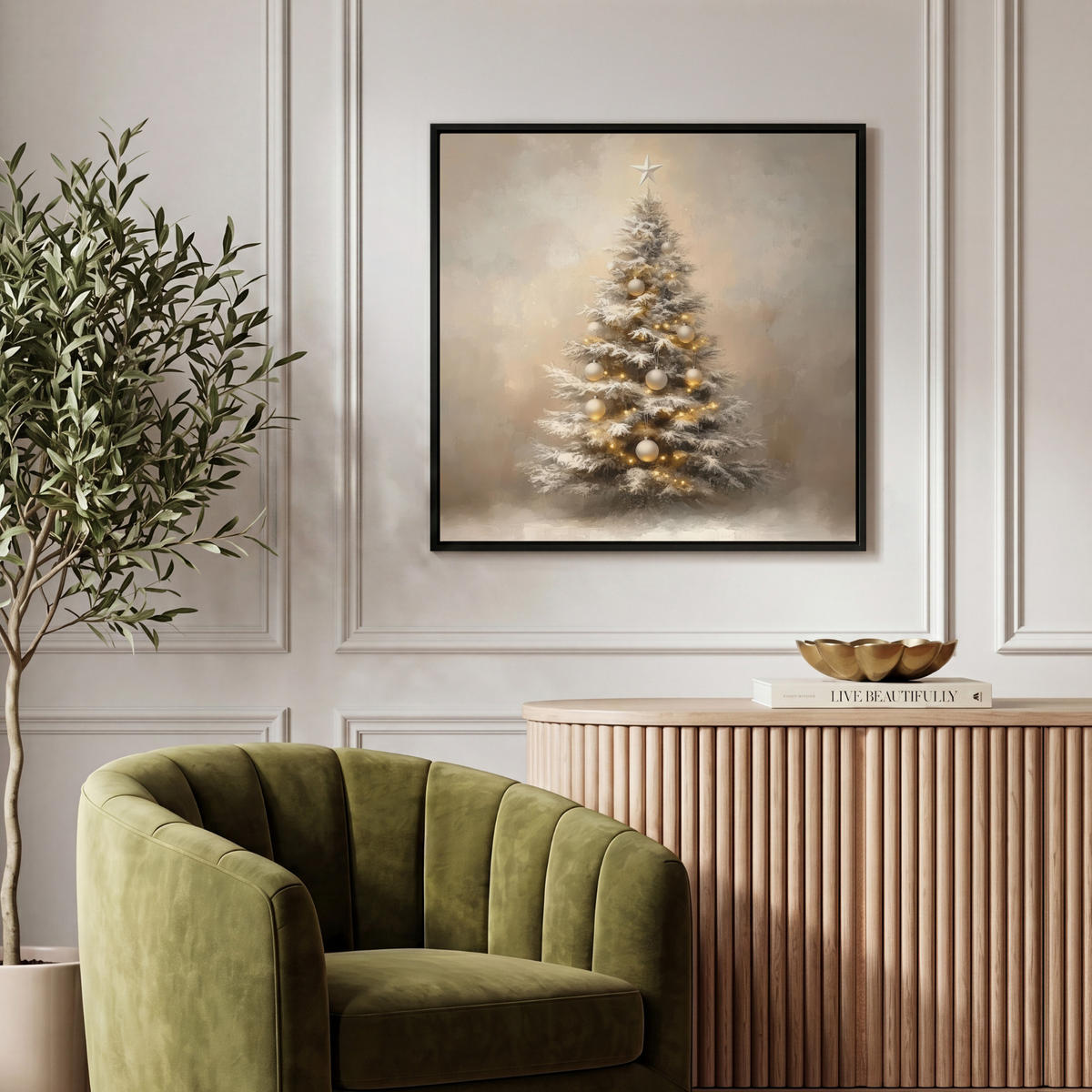 LEINWAND Bilder mit Rahmen - Weihnachten - Weihnachtsbaum - Schnee - Kunst - 50x50 - Champagner, Textil (50/50cm) - MuchoWow