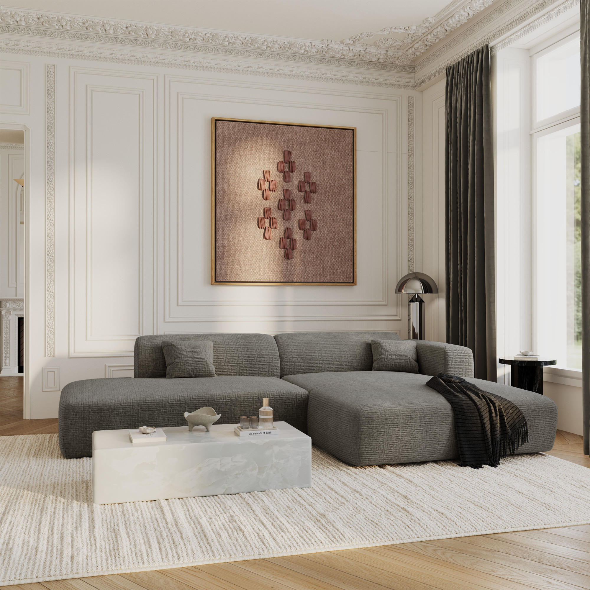 ECKSOFA RECHTS Gemusterter Samt Grau 310cm - Grau, Textil (300/96cm) - Sia Home