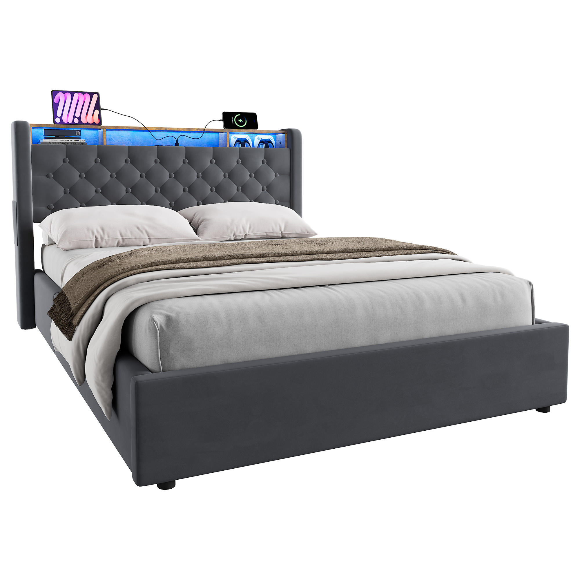 POLSTERBETT 140/190 cm in Grau, mit Bettkasten, LED und USB, ohne Matratze - Grau, Holzwerkstoff/Textil (140/190cm) - WISHDOR