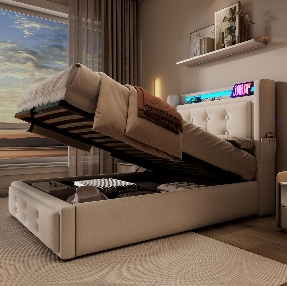 POLSTERBETT 90/200 cm Beige mit Bettkasten, LED und USB- und Type-C-Anschlüssen - Beige, Textil (90/200cm) - Flora Grace