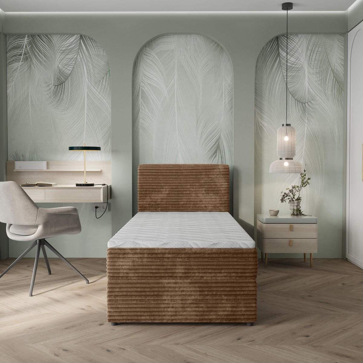 BOXBETT PISA 100 100x200 cm mit Matratze und Topper, H2+H3 - Beige - Beige, Holz (100/200cm) - MASSENO