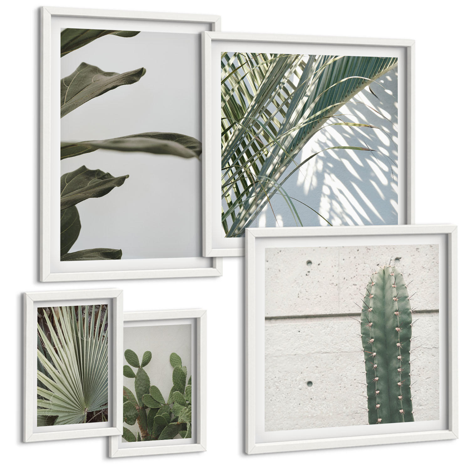 BILDER SET 5er Set - 50x50 cm & 20x30 cm & 40x60 cm Weißer Rahmen - Blätter tropischer Pflanzen in Pastellfarben - Weiß, Kunststoff (40/60cm) - TULUP