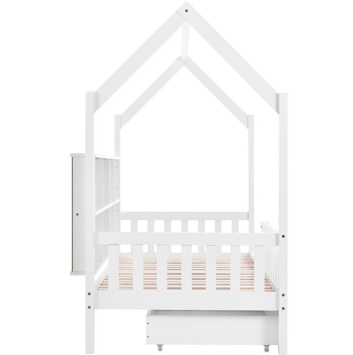 KINDERBETT Hausbett 90/200 cm aus Kiefer massiv mit Bücherregal, 2 Schubladen und Rausfallschutz, Weiß - Weiß, Holz (90/200cm) - Redom