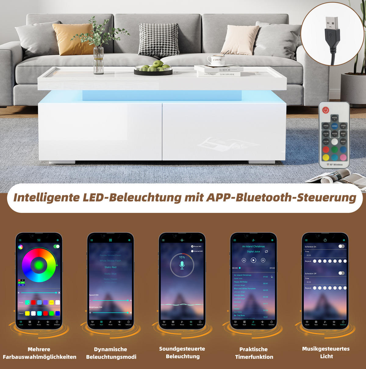 COUCHTISCH 95/45/35 cm mit LED-Beleuchtung, 2 Schubladen und halboffener Ablage, Hochglanz-Design, Weiß - Weiß, Holzwerkstoff (95/45/35cm) - Redom