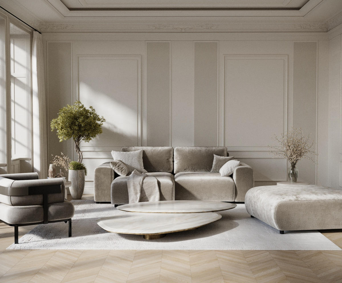 ECKSOFA Zanzibar Beige Chenille - Beige/Schwarz, Holz/Holzwerkstoff (237/144cm) - Maison de Reve