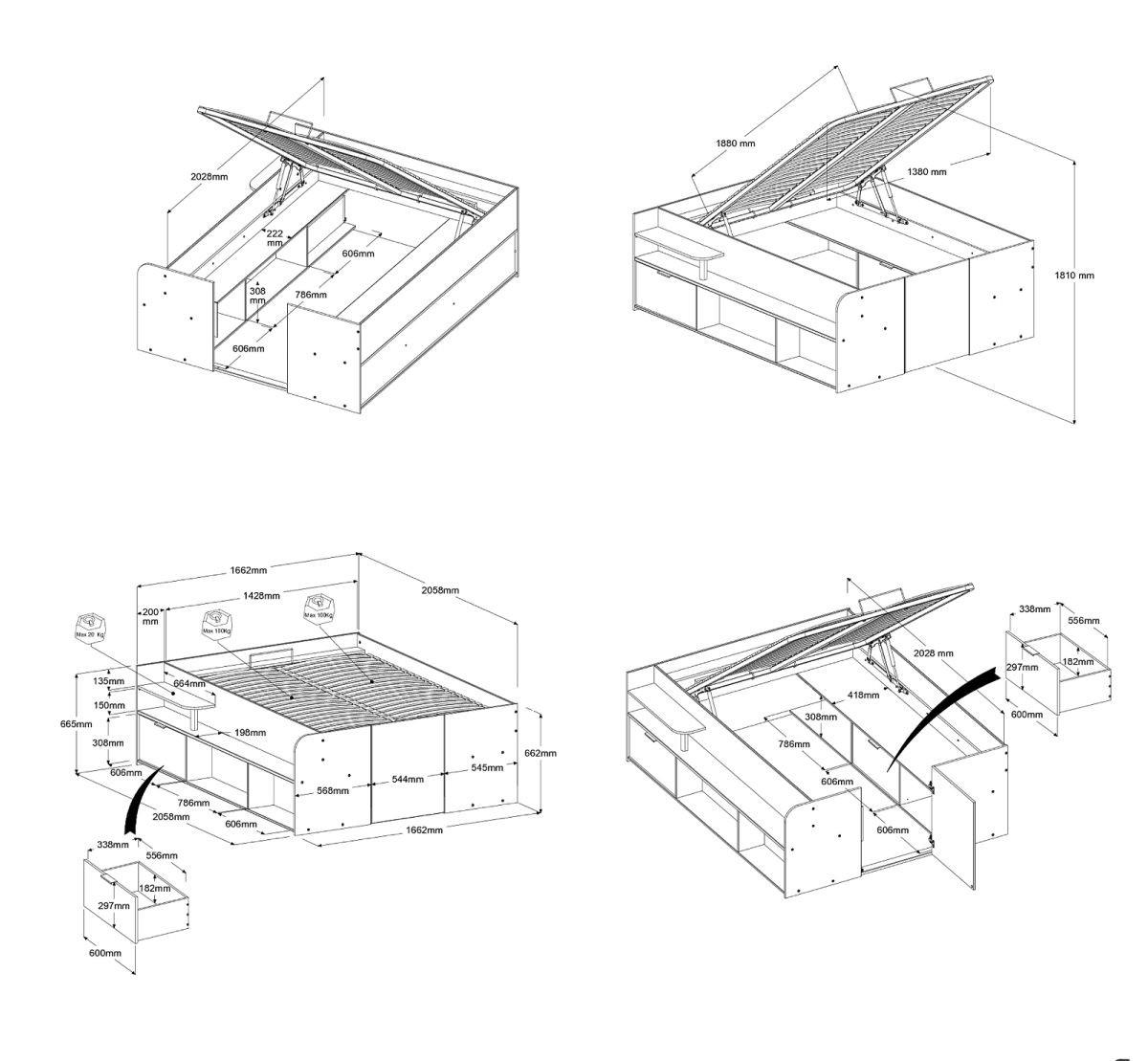 STAURAUMBETT Eiche Jackson, weiß, Hochbett Liegefläche 140 x 200 cm - Eichefarben/Weiß, Holzwerkstoff (140/200cm) - Parisot Meuble