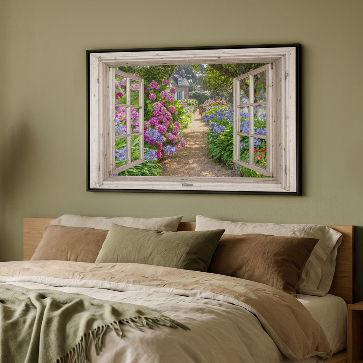 LEINWAND Bilder mit Rahmen - Hortensie - Durchsichtig - Blumen - Sommer - Lila - Weg - 90x60 - Lila, Textil (90/60cm) - MuchoWow