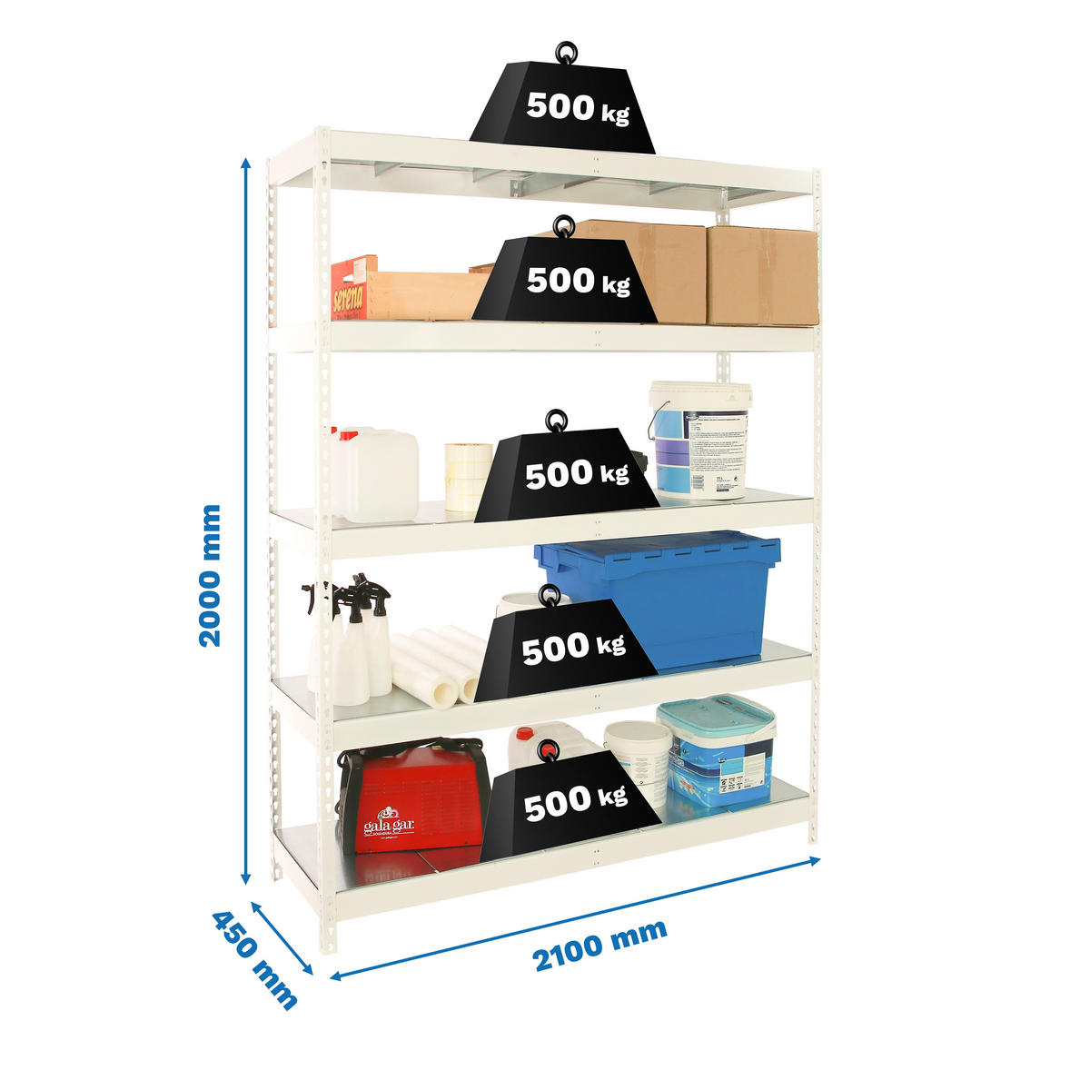 SCHWERLASTREGAL Metal Beast Five HxBxT 200 x 210 x 45 cm Fachlast 500 kg Weiß - Weiß, Metall (210/200/45cm) - PROREGAL