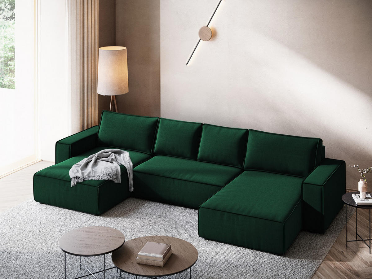 WOHNLANDSCHAFT Samt Stoff Grün - Dunkelgrün/Schwarz, Kunststoff/Textil (398/82/185cm) - Makamii
