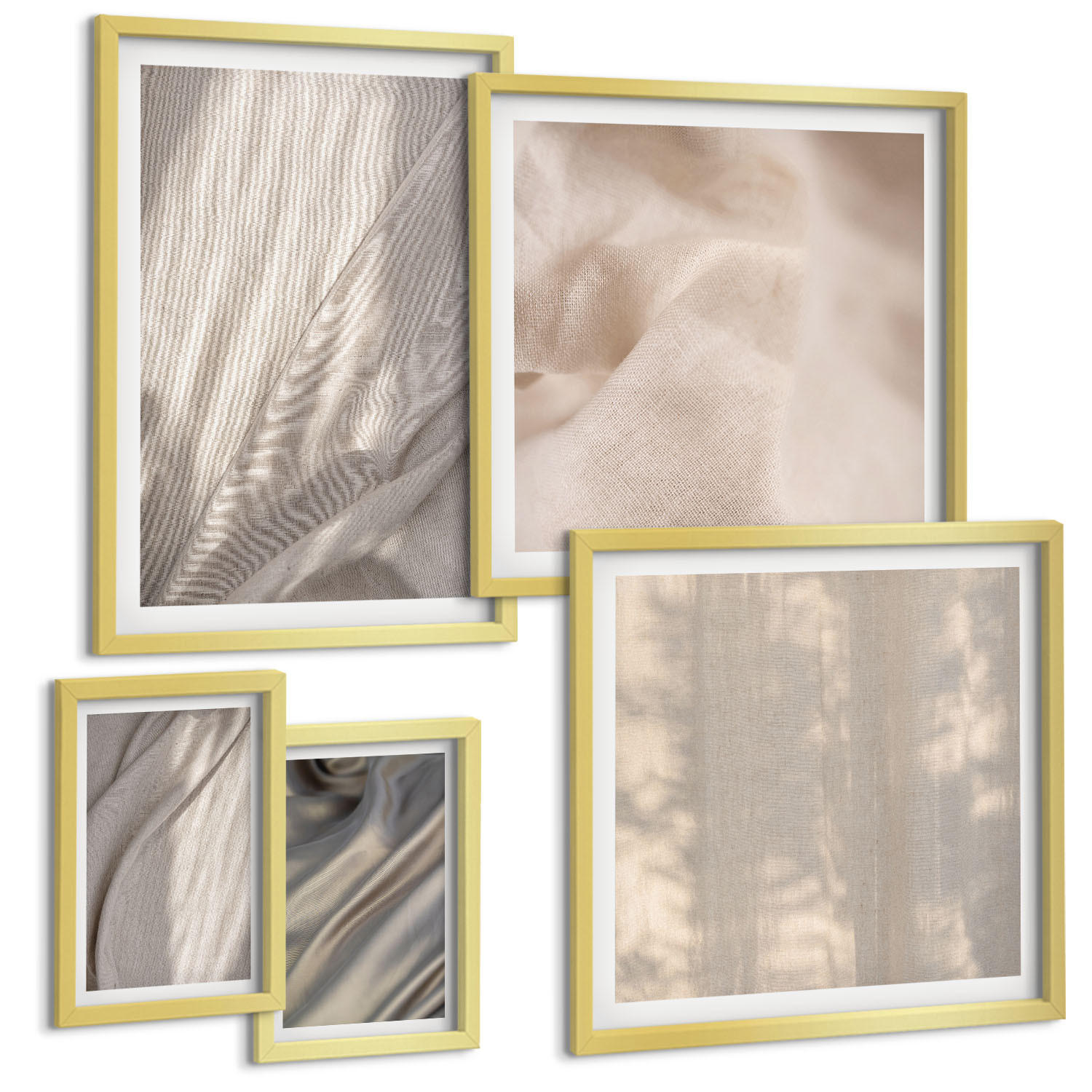BILDER SET 5er Set - 50x50 cm & 20x30 cm & 40x60 cm Goldrahmen - Nahaufnahme von natürlichen Boho-Stoffen - Goldfarben, Kunststoff (40/60cm) - TULUP
