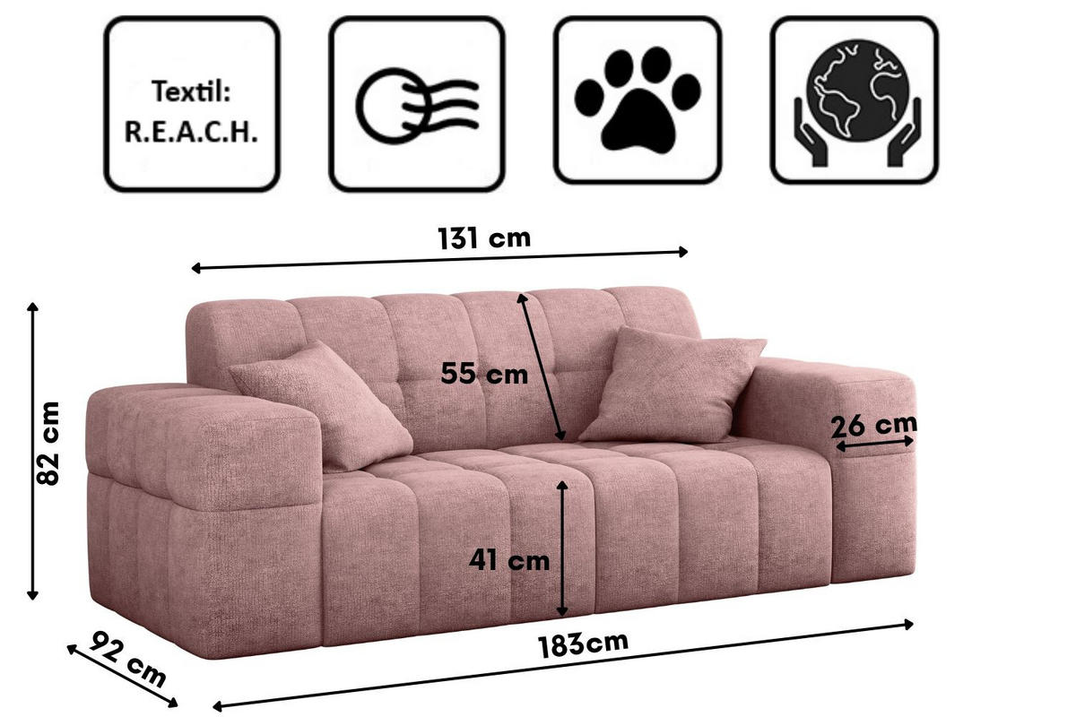 SOFA 2 Sitzer NIMES Stoff Perfect Harmony Rosa - Rosa, Holz/Kunststoff (183/82/92cm) - Kaiser Möbel