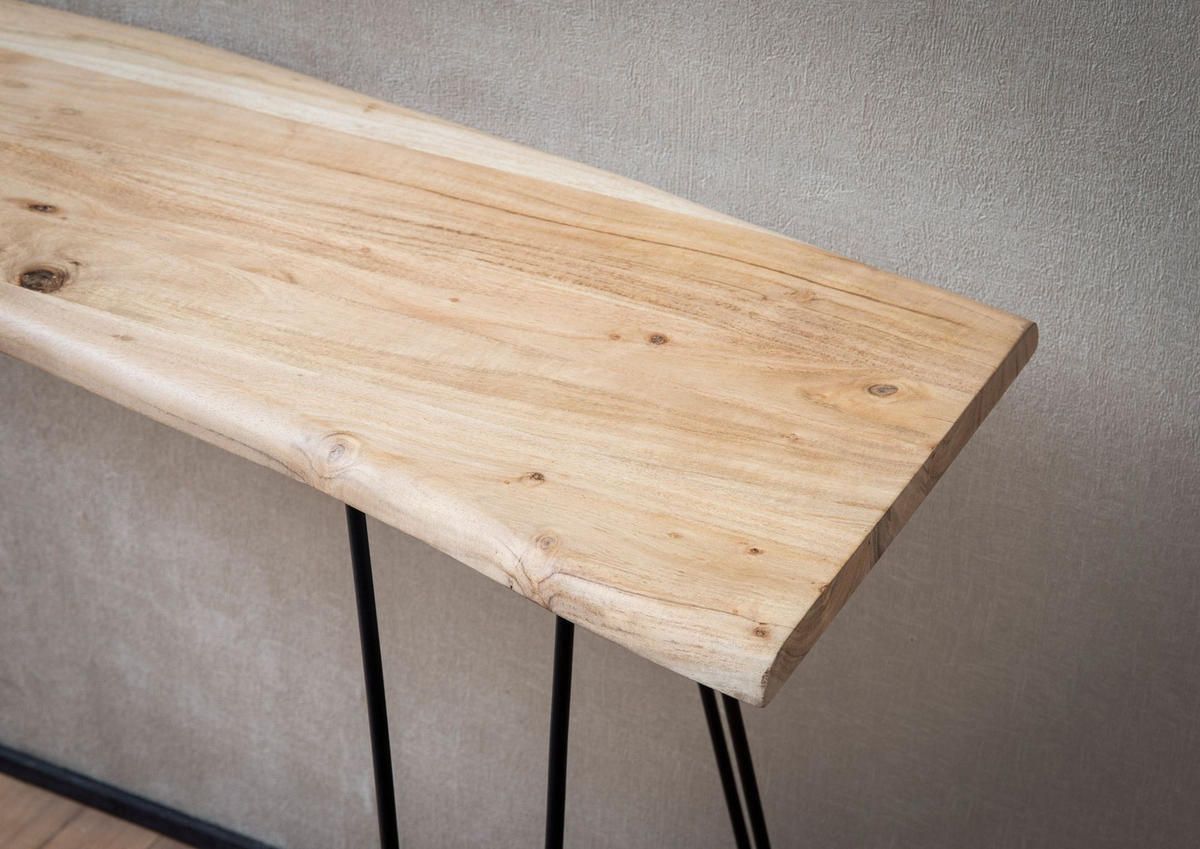 KONSOLENTISCH – Akazie Massivholz, 150x36x75 cm, mit Baumkante, Haarnadelbeine, Metallgestell - Schwarz/Akaziefarben, Holz/Metall (36/150/75cm) - KADIMA DESIGN