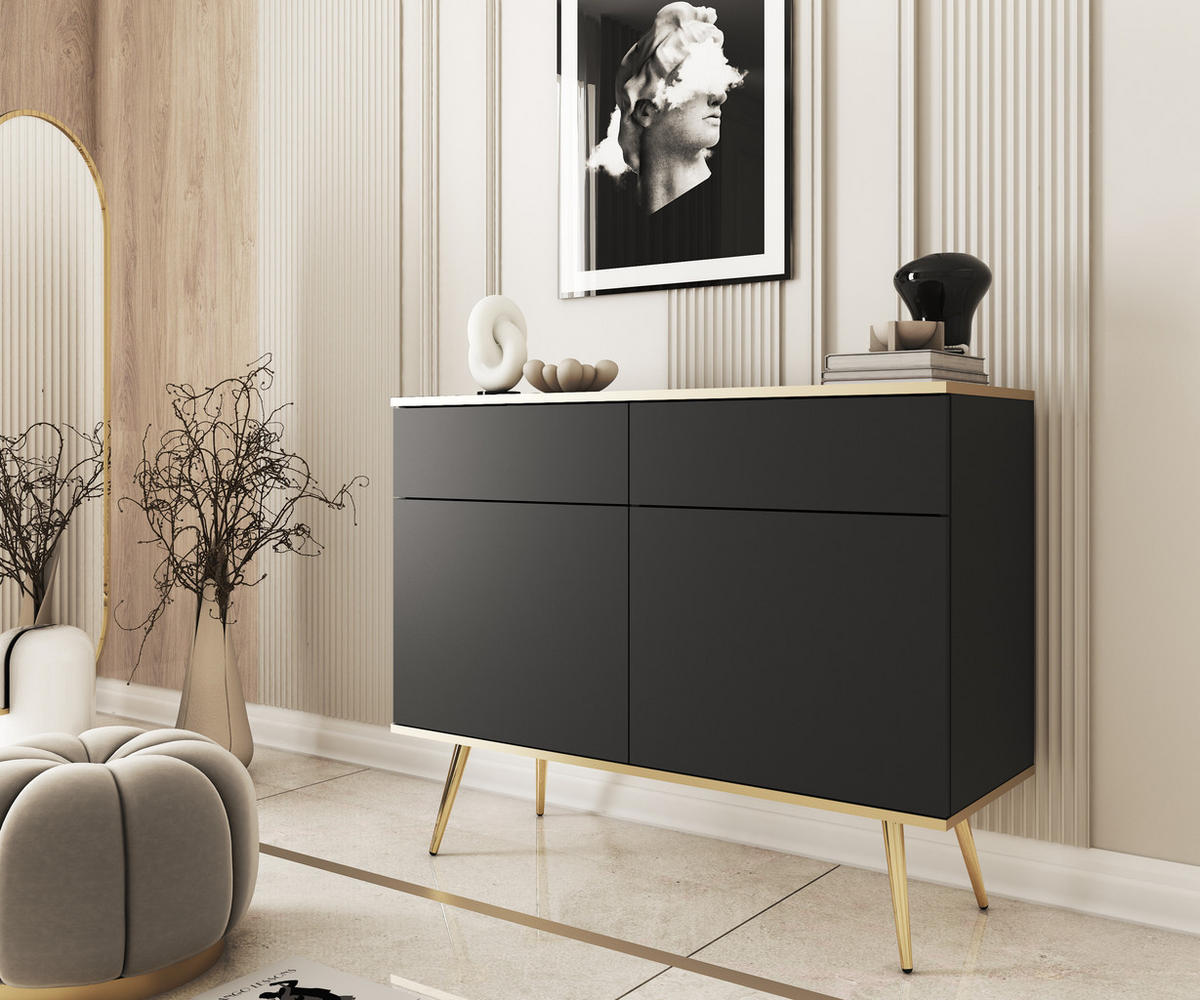 KOMMODE KSZ-107 - KSZ-107, Hochglanz, Schubladen Push-to-Open 107x39x85 cm Schwarz/Gold - Goldfarben/Schwarz, Holzwerkstoff/Kunststoff (107/85/39cm) - DomoHome