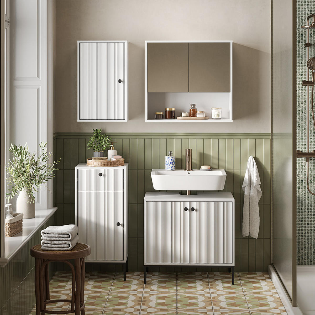 BADMÖBEL-SET Eliza Weiß Riffel 4 Teile - Weiß, Holzwerkstoff (70/65/45cm) - Vicco