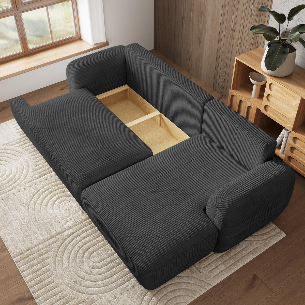 ECKSOFA MODENZA P R-S Graphitfarben Kordstoff mit Schlaffunktion - Graphitfarben, Holz (266/148cm) - MASSENO