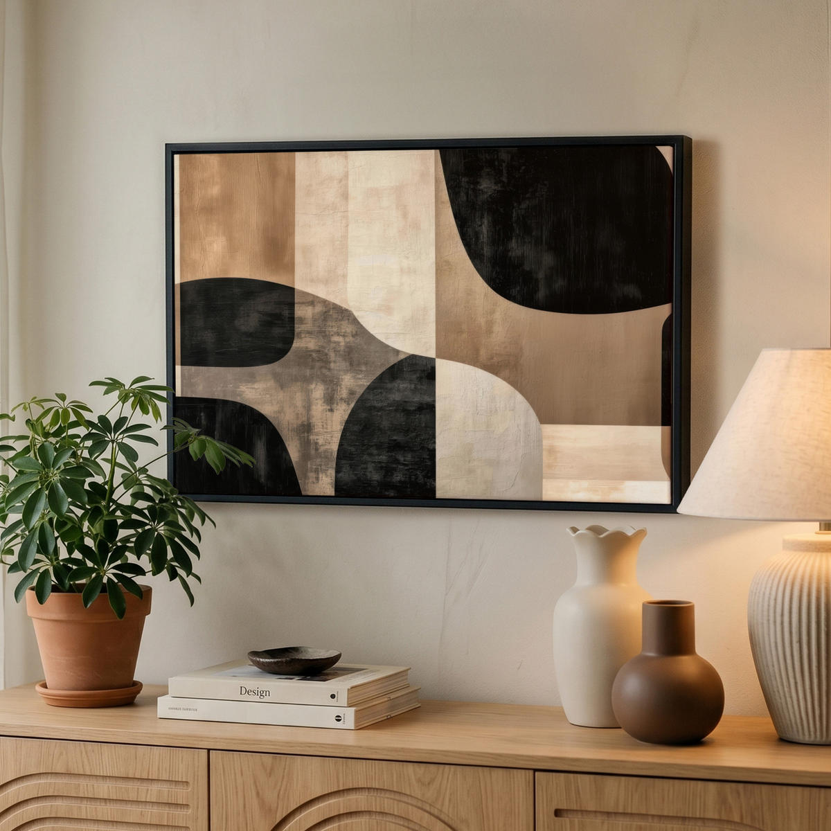 LEINWAND Bilder mit Rahmen - Abstrakt - Flugzeuge - Schwarz - Rund - 60x40 - Beige, Textil (60/40cm) - MuchoWow