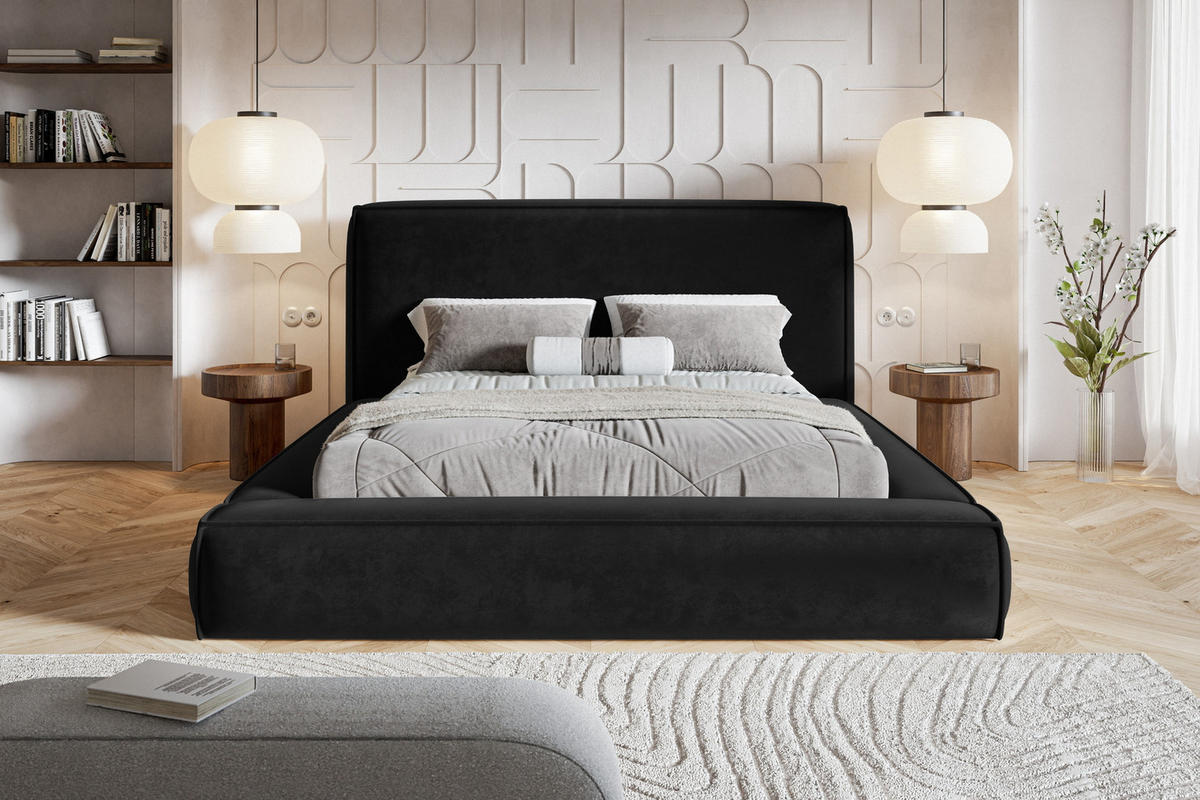 POLSTERBETT 140x200 Karano, Dicker Schaum, Bettkasten, Samt, Schwarz - Schwarz, Holz/Textil (140/200cm) - Emporius