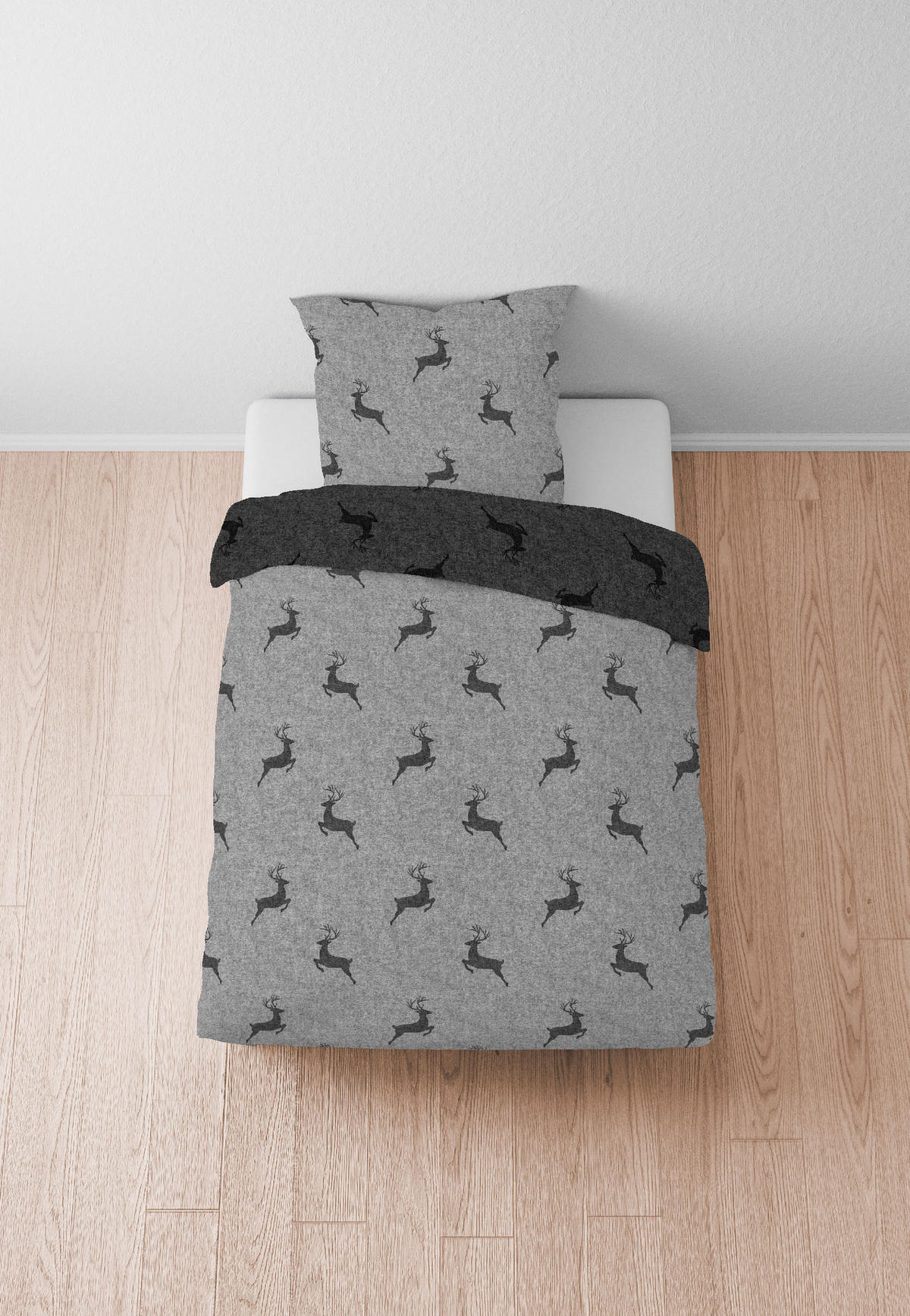BETTWÄSCHE-GARNITUR Satin Hirsch sturmgrau, 135x200 cm + 80x80 cm - Grau, Textil (135/200cm) - biberna
