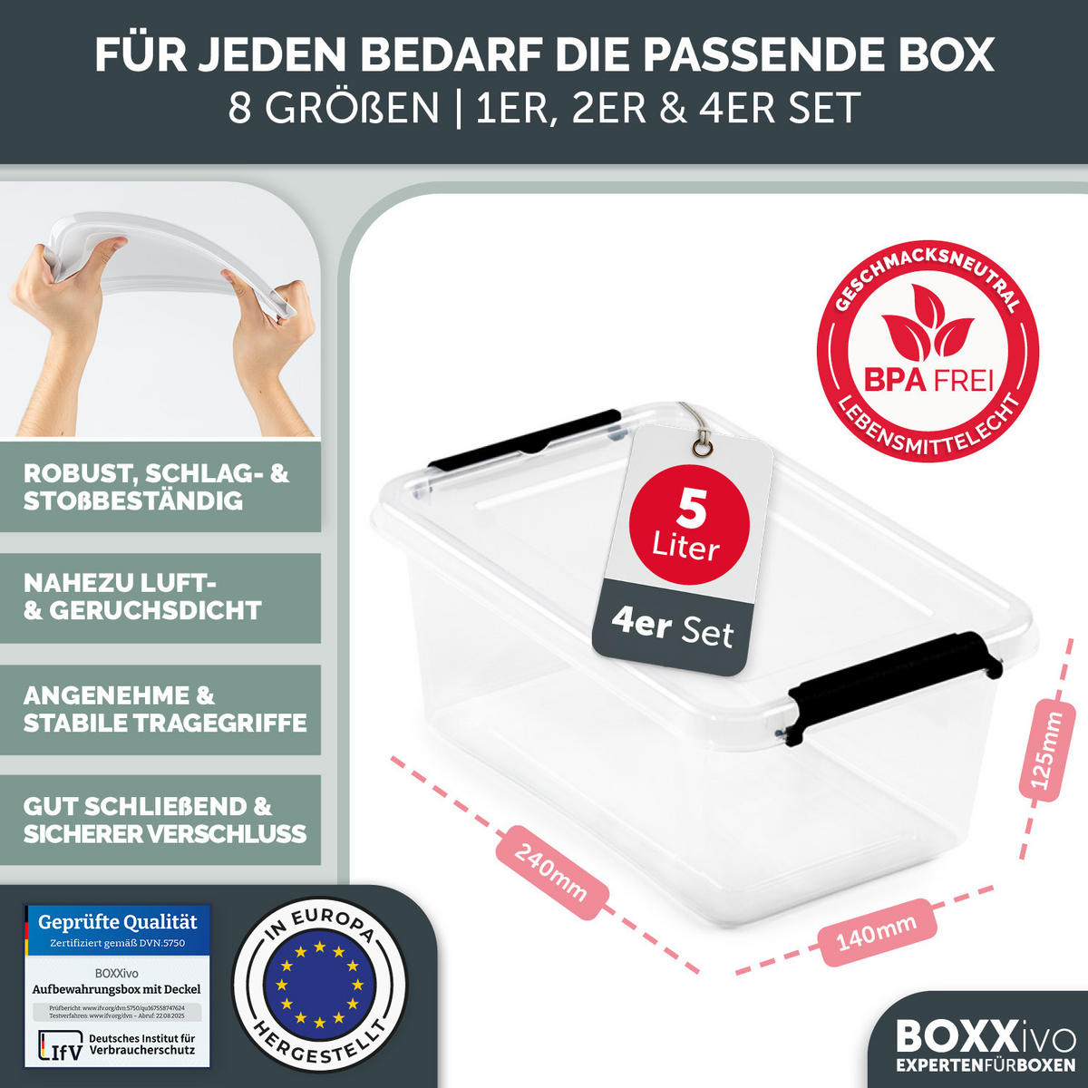 AUFBEWAHRUNGSBOXEN mit Deckel 5l im 4er Set - Transparent, Kunststoff (20/12.5/29.5cm) - BOXXivo