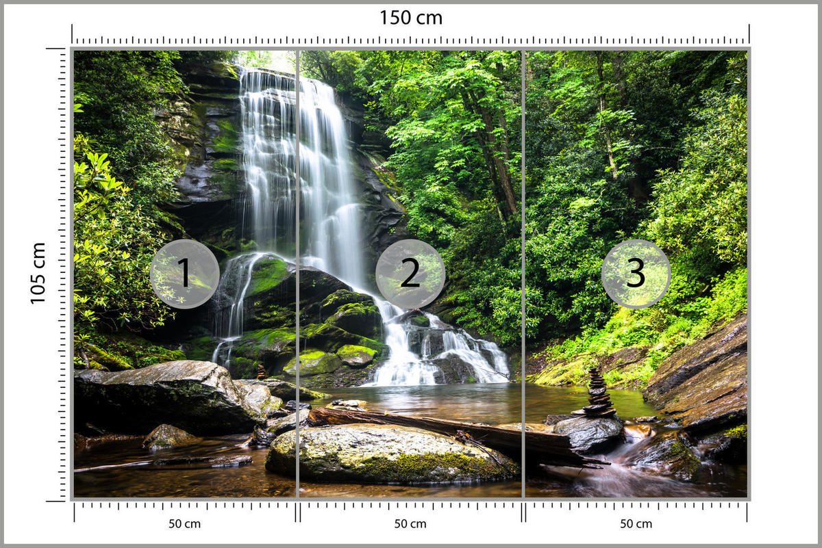 FOTOTAPETE Wasserfall im Dschungel Bäume Felsen 3D 150x105 - Braun/Weiß, Papier (150/105cm) - Muralo