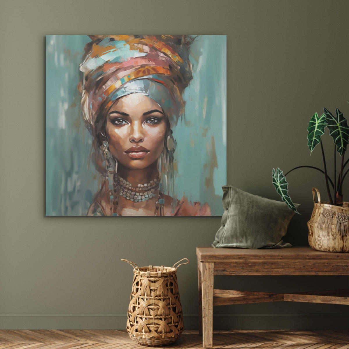 AKUSTIKPANEEL Frau - Kunst - Schmuck - Porträt 90x90 cm - Blaugrau, Textil (90/0.9/90cm) - MuchoWow
