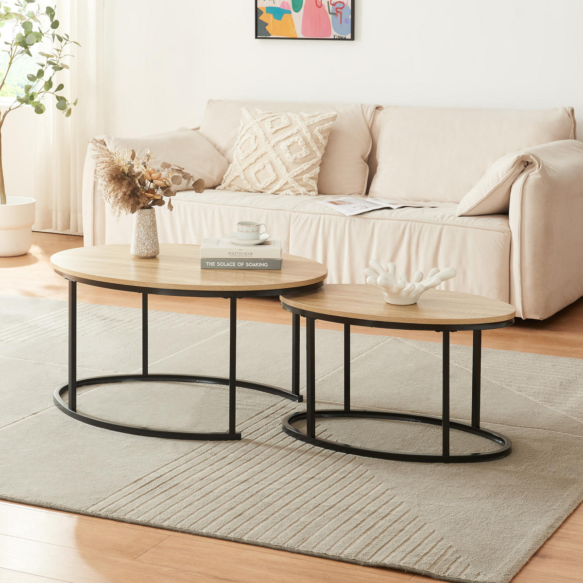 SATZTISCH-SET 2 TLG. Niederlande - Eichefarben/Schwarz, Holzwerkstoff/Metall (90/60/45cm) - [en.casa]