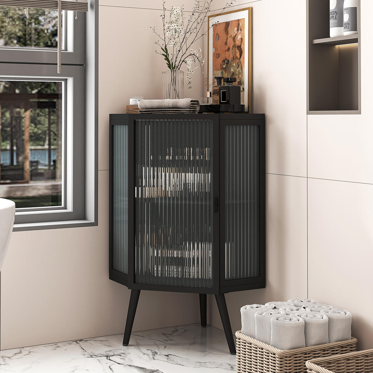 ECKSCHRANK 56/42,5/80 cm, Schwarz, mit Glastüren und Ablageböden - Schwarz, Glas/Holzwerkstoff (56/80/42.5cm) - CHICFURN
