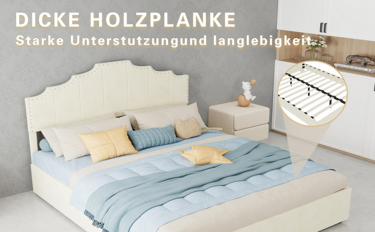 POLSTERBETT 160/200 cm mit geometrischem Kopfteil und Bettkasten, Beige - Beige, Textil (160/200cm) - Redom