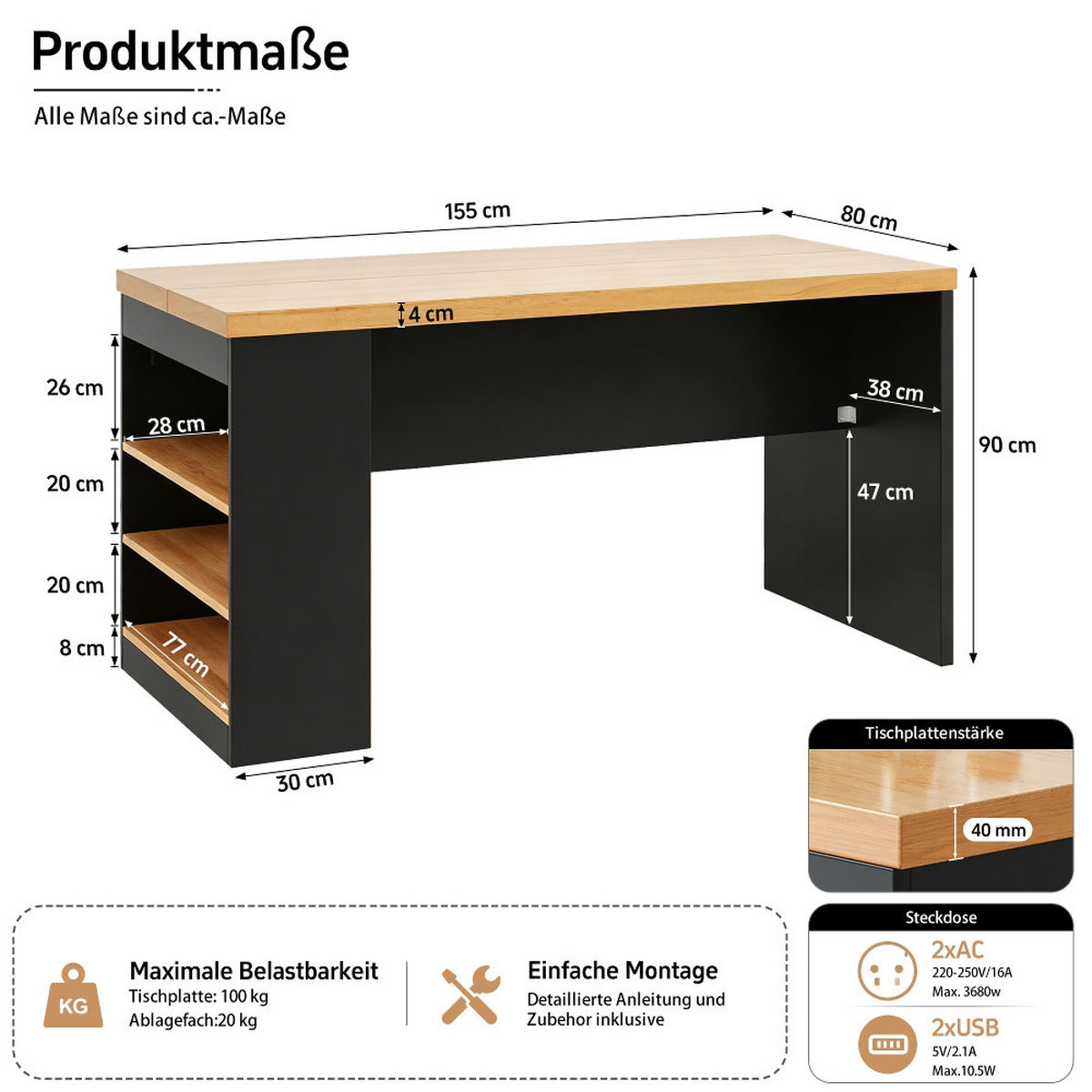 KÜCHENINSEL mit Steckdose, LED Beleuchtung, 40mm Arbeitsplatte, 3 Ablagen, MDF, 155/80/90 cm - Schwarz, Kunststoff (80/90/155cm) - Rolipo