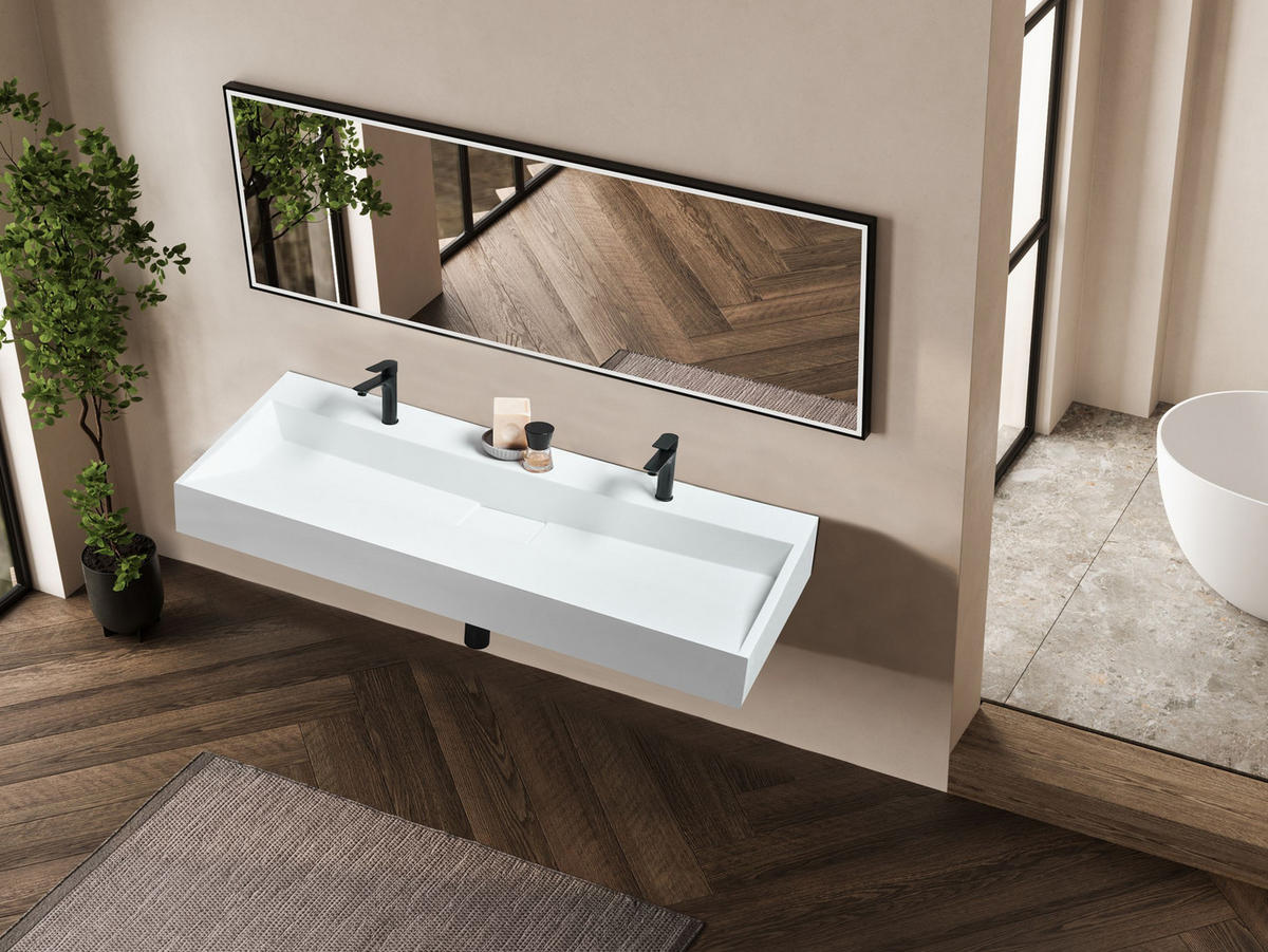 DVOJITÉ ZÁVĚSNÉ UMYVADLO Bílé 120/46 cm Litý minerální kompozit Quenko - bílá, přírodní materiály (120/12/46cm) - Beliani