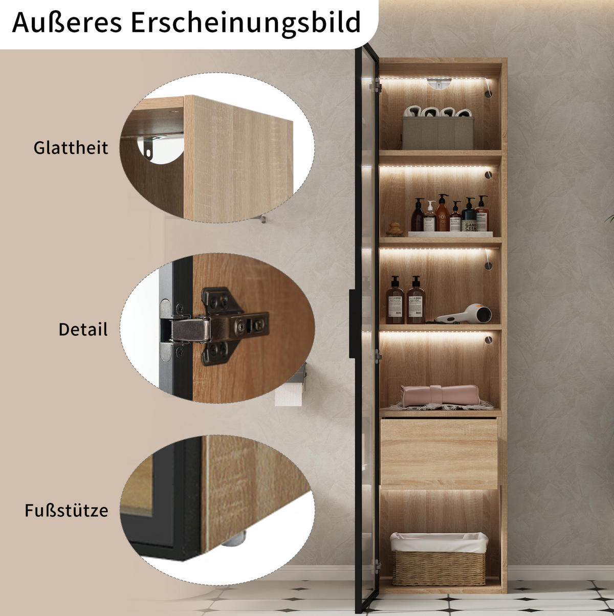 HOCHSCHRANK 40 cm aus MDF mit Lichtleiste und Glastür Naturfarben - Naturfarben, Holzwerkstoff (40/165/34.5cm) - Modenvie