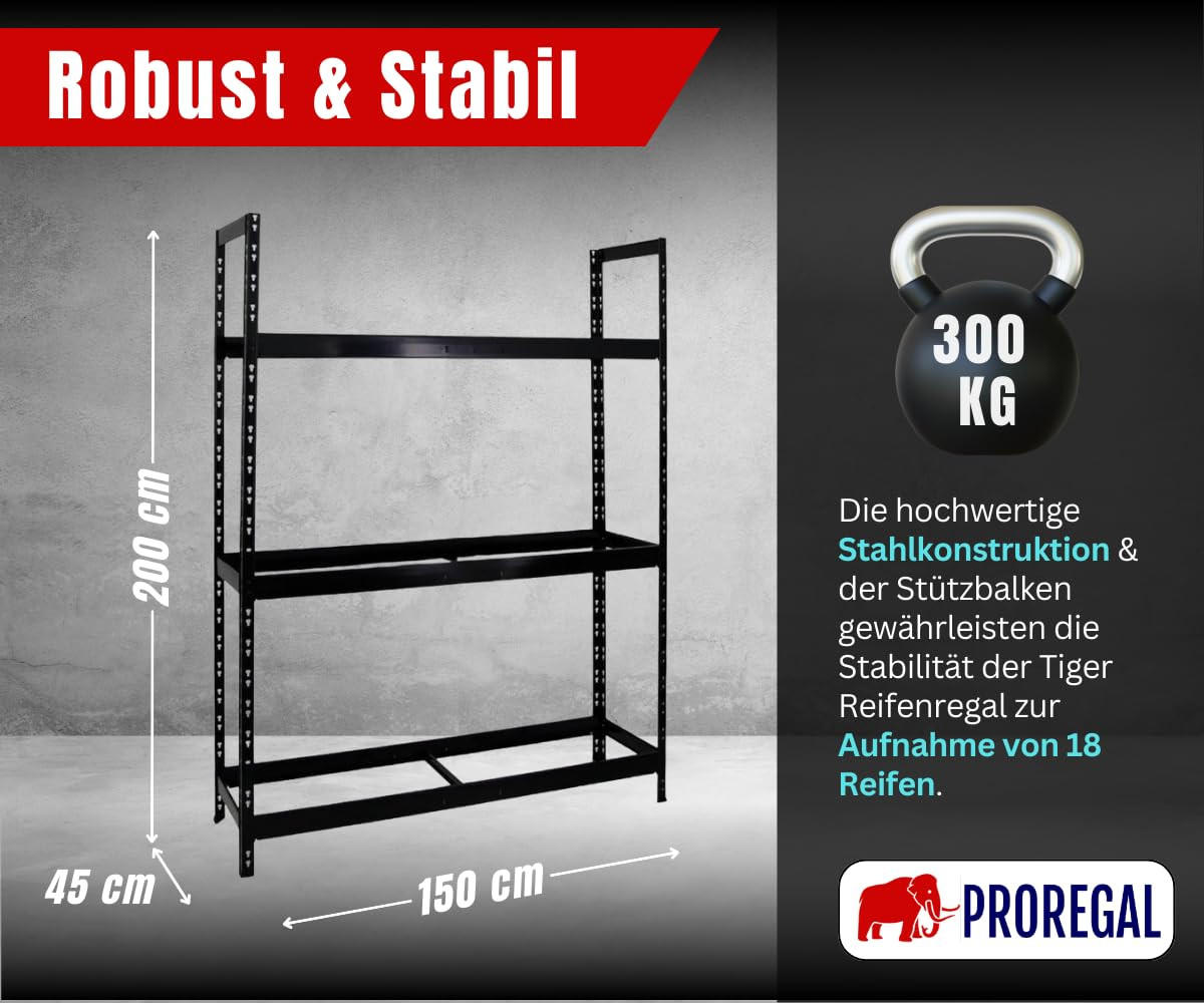 REIFENREGAL Tiger XL 200x150x45 cm 300 kg Fachlast bis zu 18 Reifen auf 3 Ebenen Schwarz - Schwarz, Metall (150/200/45cm) - PROREGAL