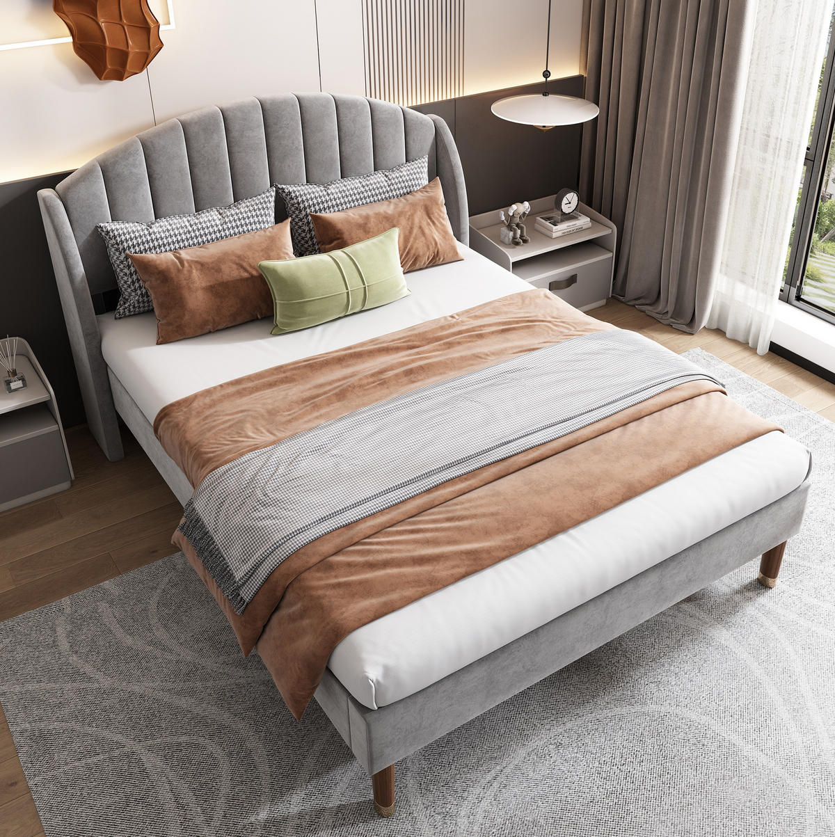 POLSTERBETT aus Samt 140x200 cm in Grau mit Lattenrost & Kopfteil - Grau, Textil (140/200cm) - Modfu