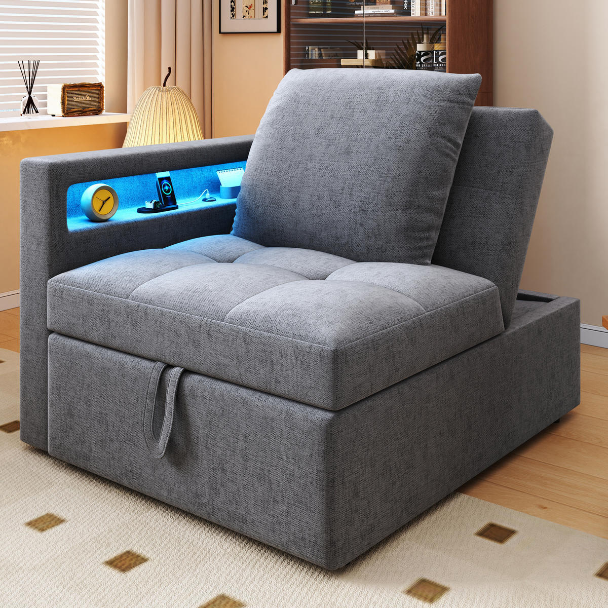 SCHLAFSOFA 3-in-1 Leinenstoff mit USB-Anschluss und LED Hellgrau 177/68/65 cm - Hellgrau, Textil (68/65/177cm) - Redom
