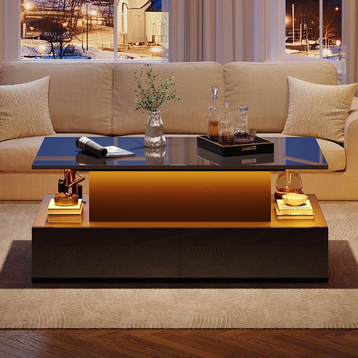 COUCHTISCH in Schwarz mit LED-Beleuchtung und Schubladen für Wohnzimmer, B90/T55/H41 cm - Schwarz, Holzwerkstoff (55/90/41cm) - STILVORA