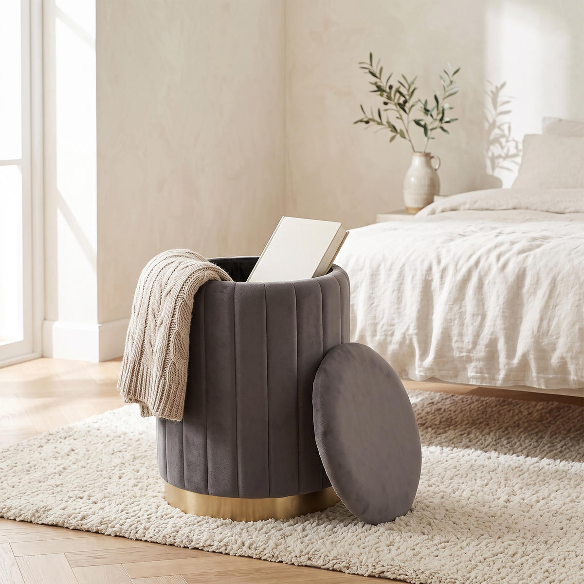 HOCKER Dunkelgrau Samt mit Stauraum 42x32 cm - Anthrazit, Holzwerkstoff/Textil (32/42/32cm) - Relaxdays