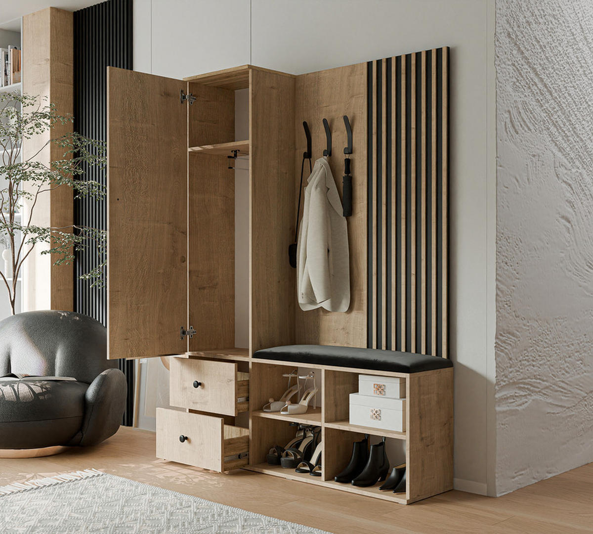 GARDEROBENSCHRANK LUCA in 129/30/196 cm, Artisan-Eiche - Schwarz/Eiche Artisan, Holzwerkstoff/Metall (128.5/195.5/30cm) - Idohome