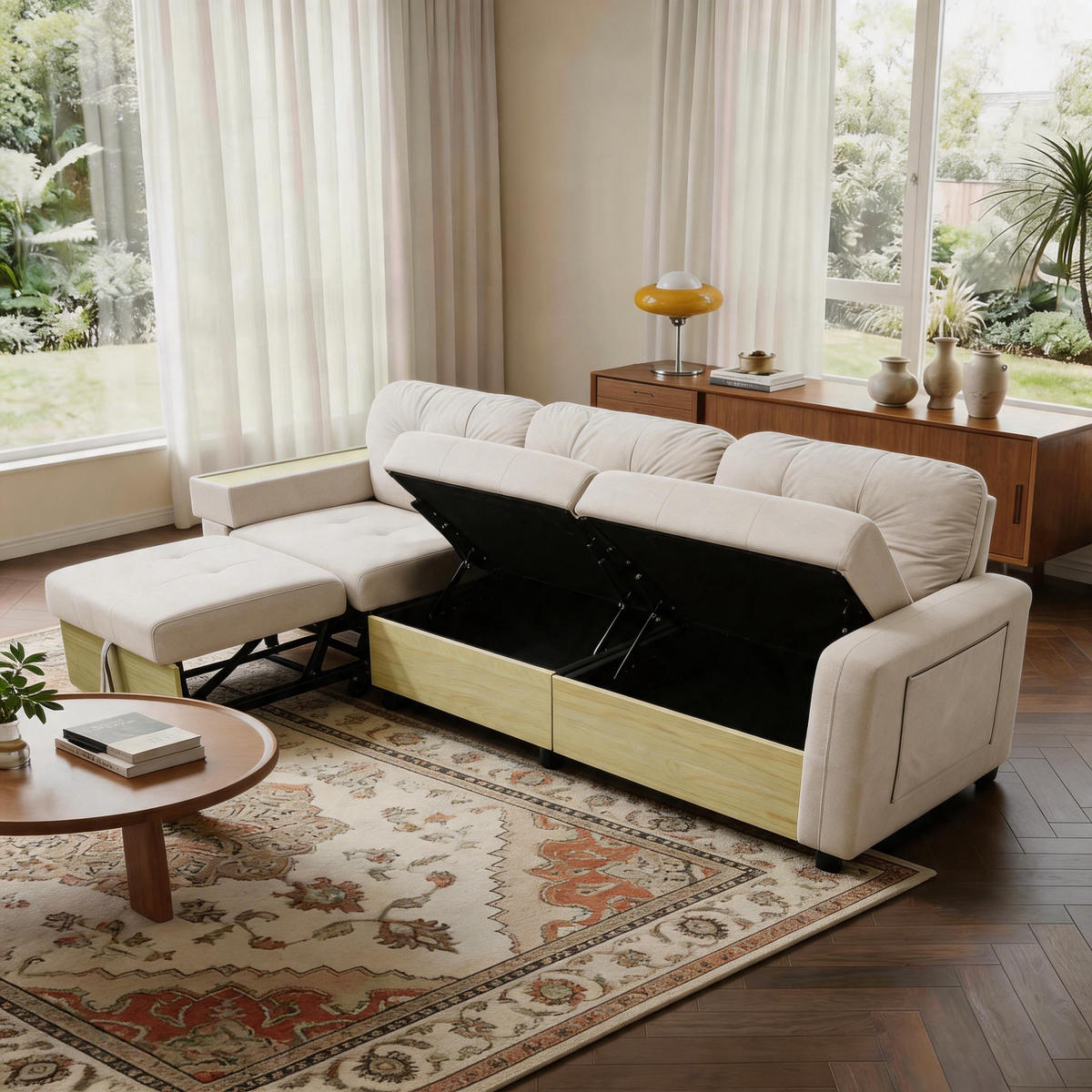 ECKSOFA 228/115/78 cm Beige mit Ausziehbarer Fußhocker, USB-Anschluss und Aufbewahrungstasche - Beige, Textil (228/80cm) - Oxeza