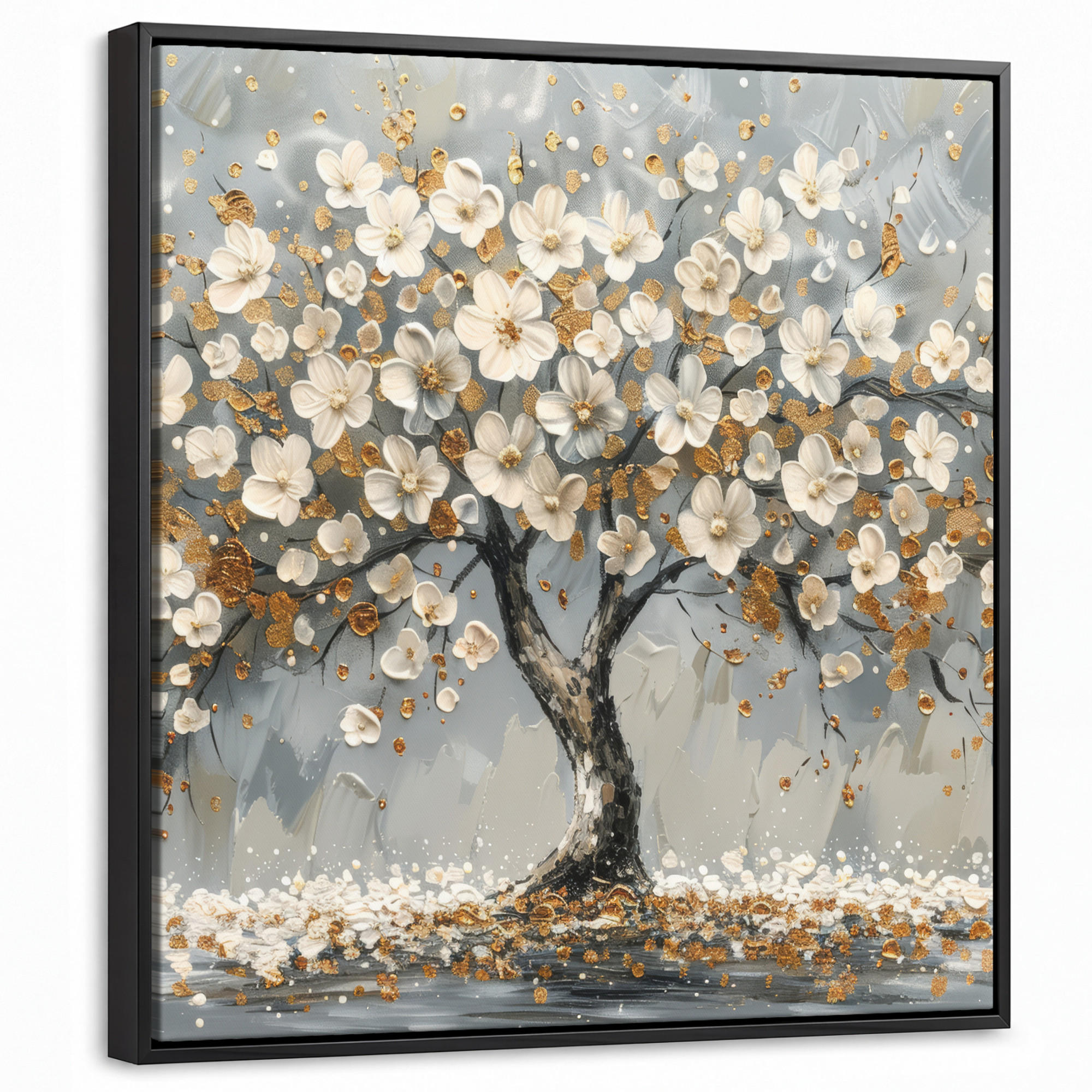 LEINWAND Bilder mit Rahmen - Baum - Blumen - Weiß - Natur - Kunst - 50x50 - Weiß, Textil (50/50cm) - MuchoWow
