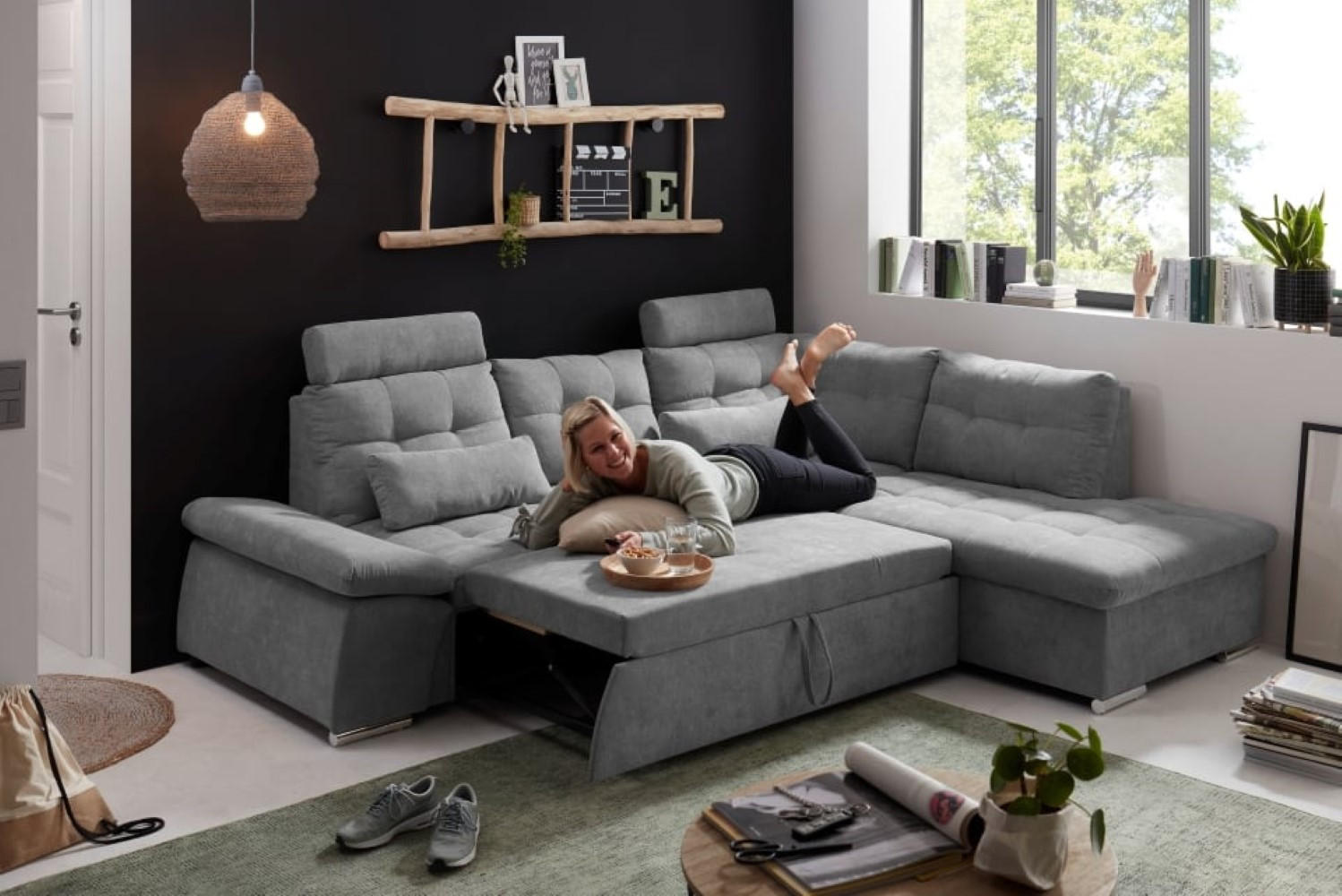 ECKSOFA mit Schlaffunktion, Bettkasten und verstellbarer Armlehne - Chromfarben/Dunkelgrau, Textil (219/260cm) - ed exciting design