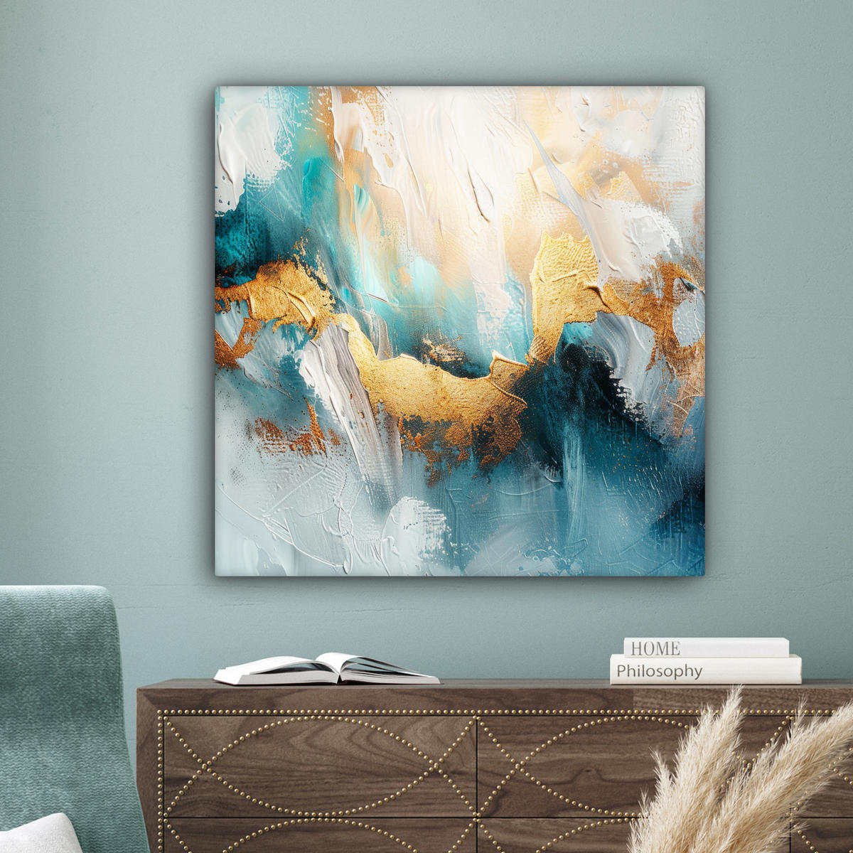 LEINWANDBILD Abstrakt - Kunst - Gold - Blau 90x90 cm - Petrol, Textil (90/90cm) - MuchoWow