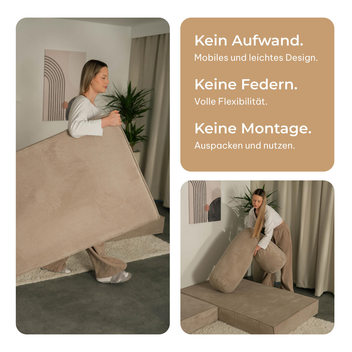 ECKSOFA ETERA modulares Boneless Sofa mit Schlaffunktion Beige Cordstoff - Beige, Textil (270/160cm) - MASSENO