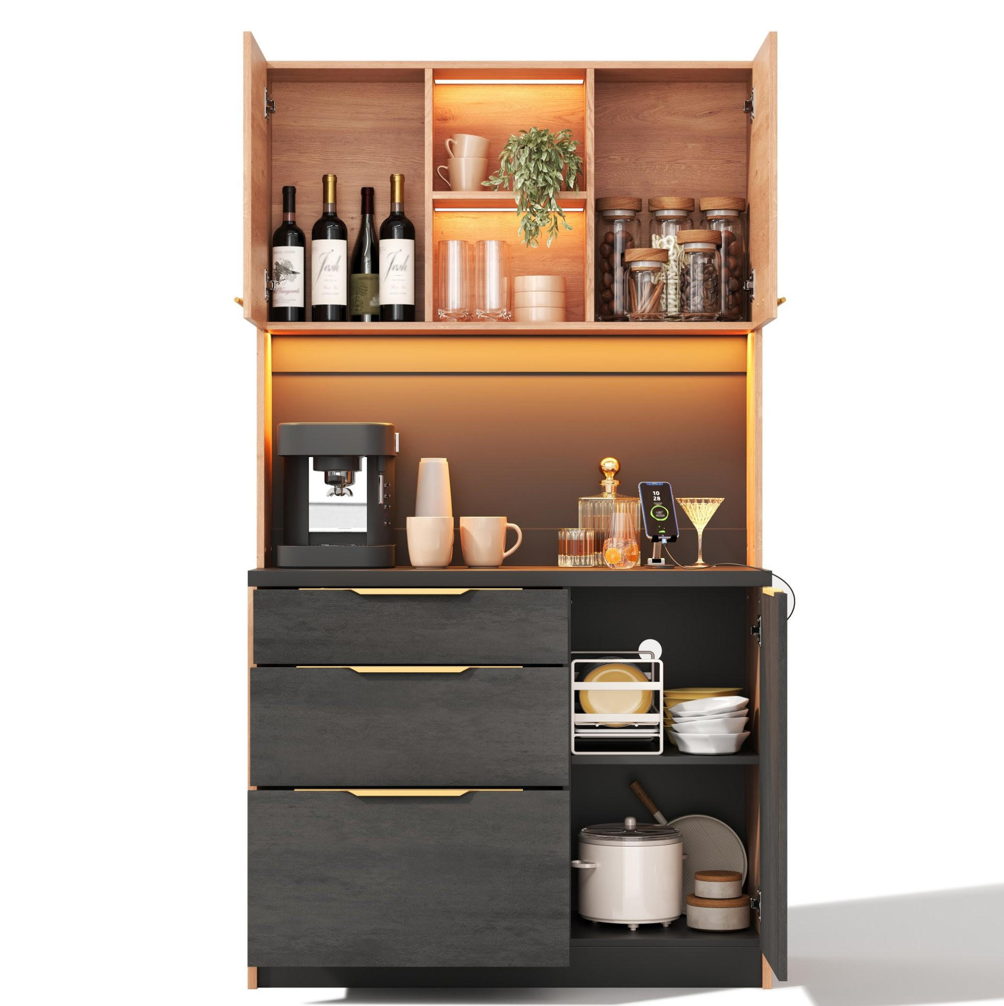 BUFFETSCHRANK 100/40/180 cm aus MDF mit LED-Beleuchtung, Steckdose und viel Stauraum, Neutral - Naturfarben, Holzwerkstoff (100/180/40cm) - Redom