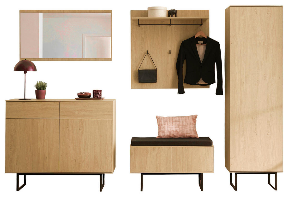 GARDEROBE-SET Stone Eiche 6-teilig 283 cm, Komplettset mit viel Stauraum - Eichefarben/Schwarz, Holzwerkstoff/Metall (283/200/40cm) - Furn.Design