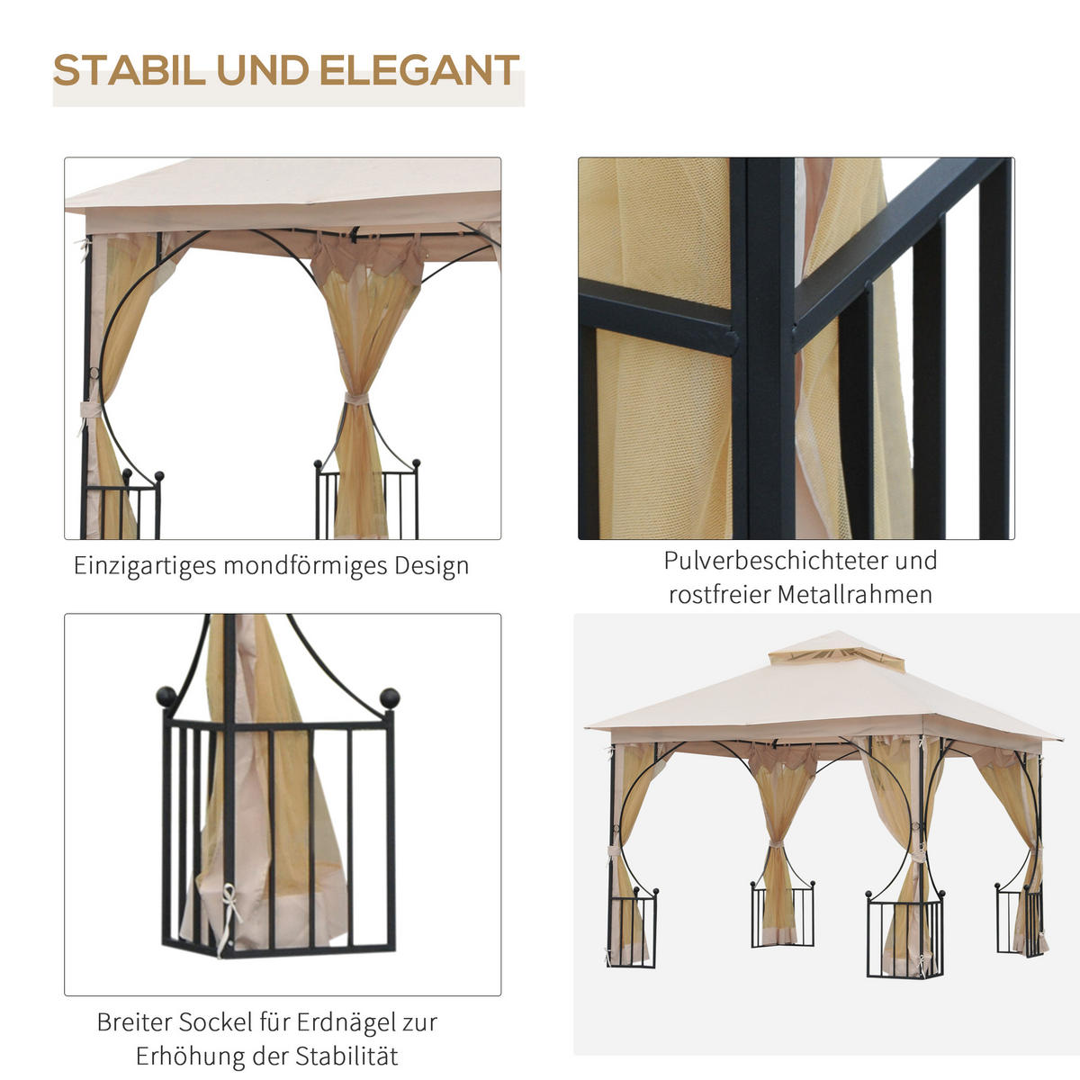 PAVILLON, Beige+Schwarz, Metall, Polyester, Moskitonetz - Beige, Metall (295/275/295cm) - Outsunny