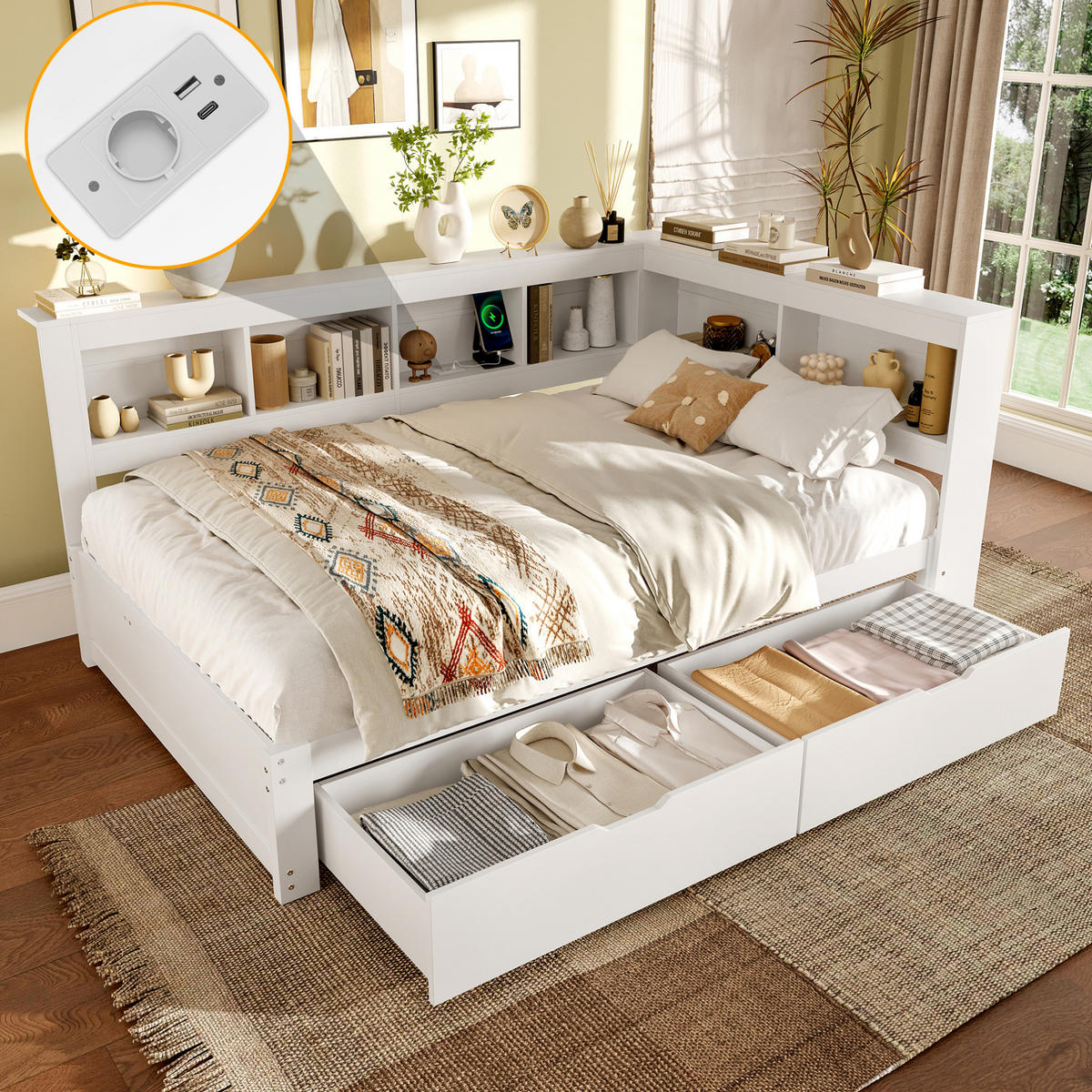 POLSTERBETT 140/200 cm Weiß aus MDF und Kiefernholz mit USB-Anschlüssen - Weiß, Holzwerkstoff (140/200cm) - OKMYHOME