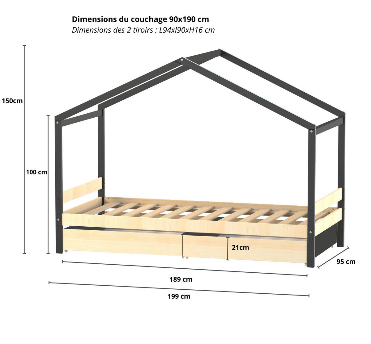 HAUSBETT ETOILE/ SPIELBETT 90x190 + 2 Schubladen - Schwarz und Naturholz - Multicolor, Holz/Holzwerkstoff (90/190cm) - Weber Industries